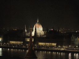The Hungarian Parliament Building, the Danube river and the Reformed Church of Szilágyi Dezso Tér, viewed from the Fisherman`s Bastion, by night