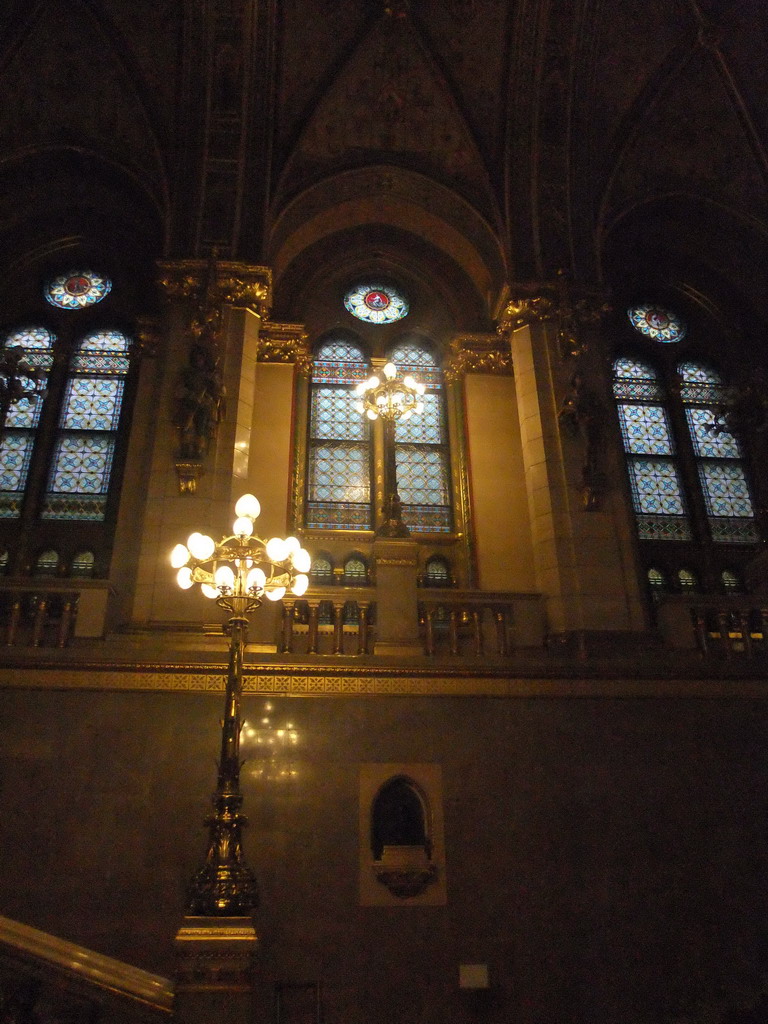 The left side of the Grand Stairwell of the Hungarian Parliament Building