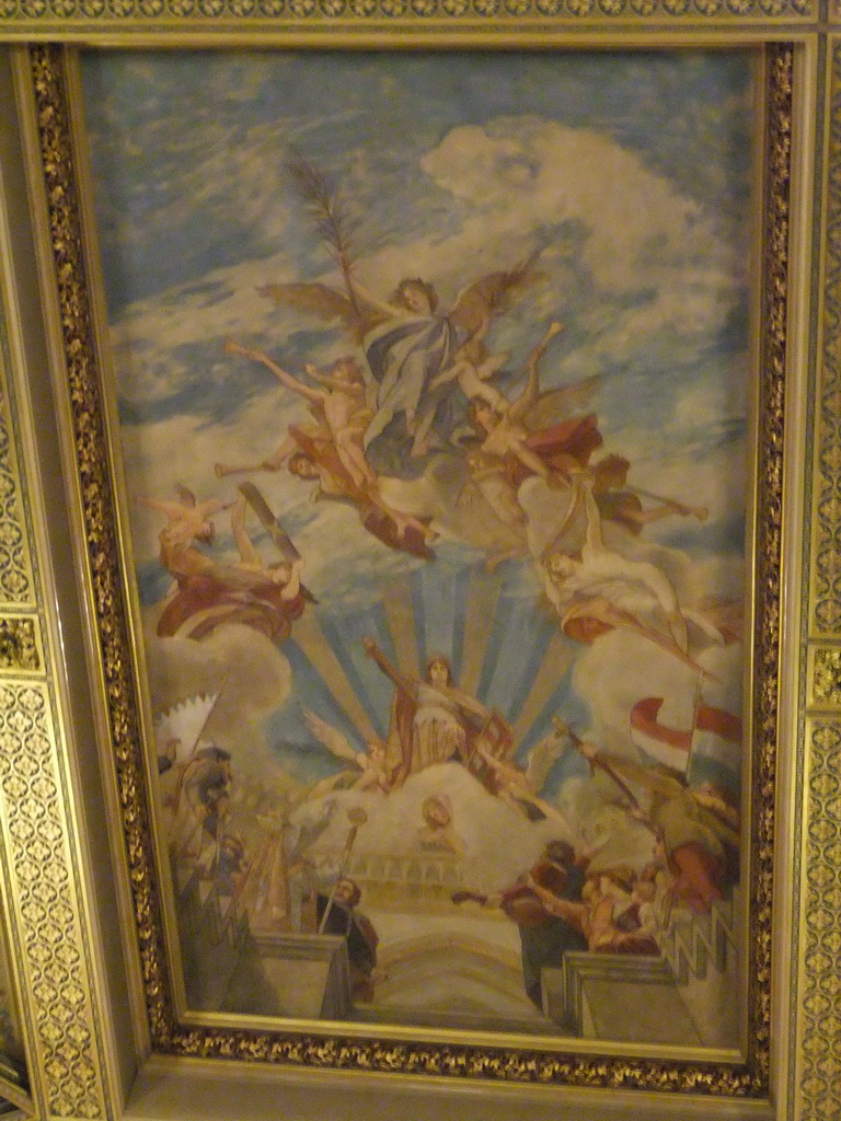 Fresco at the ceiling of the Grand Stairwell of the Hungarian Parliament Building
