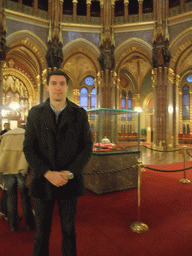 Tim and the Holy Crown, Sword, Sceptre and Globus Cruciger of Hungary, in the Central Hall of the Hungarian Parliament Building