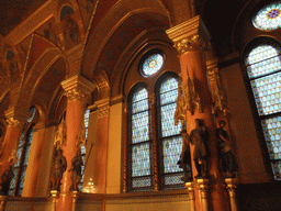 Stained glass and statues in the North Lounge of the Hungarian Parliament Building