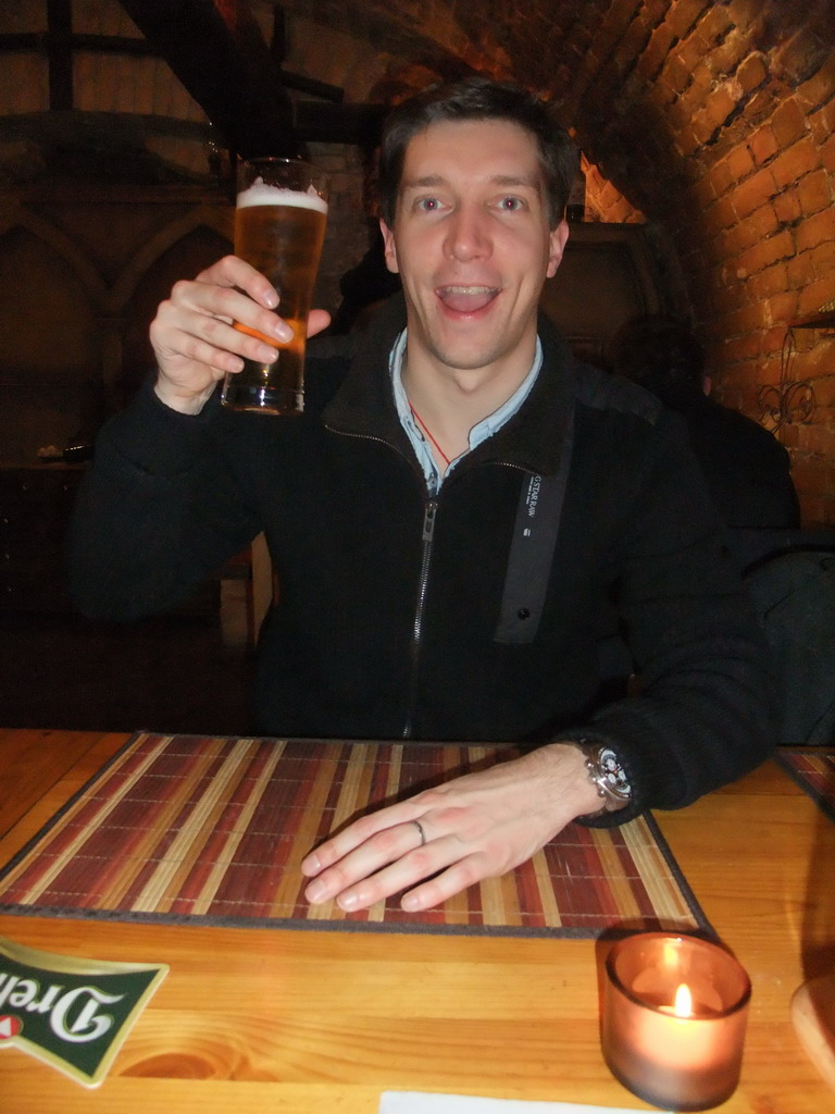 Tim with beer in `Central Cellar Restaurant and Wine Bar`