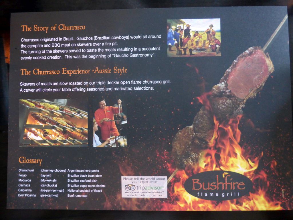 Information on the Churrasco Experience dinner at the Bushfire Flame Grill restaurant at the Cairns Esplanade