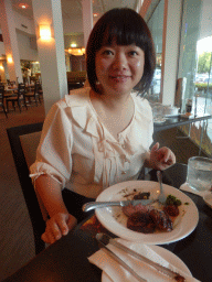 Miaomiao having the Churrasco Experience dinner at the Bushfire Flame Grill restaurant at the Cairns Esplanade