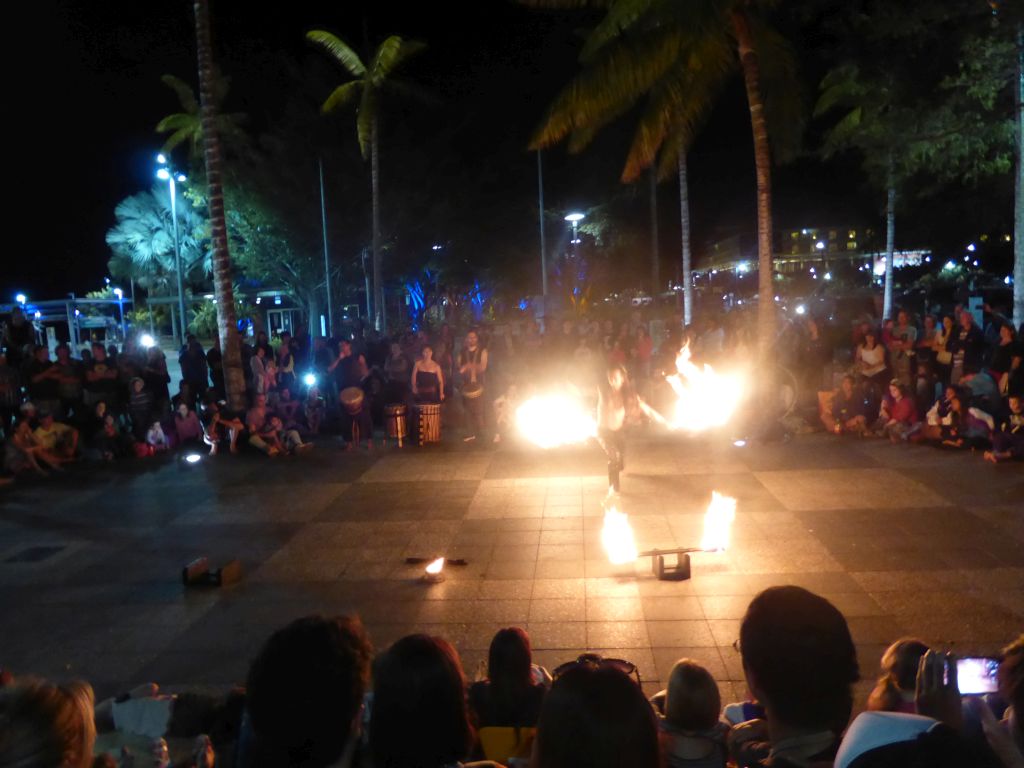 Fire artist at the Cairns Esplanade Fogarty Park, by night