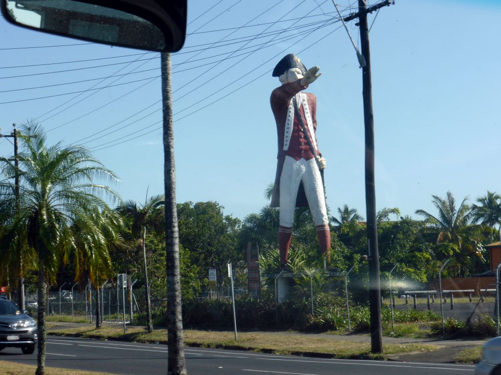 Captain Cook statue at Sheridan Street, viewed from the taxi to the Smithfield Skyrail Terminal of the Skyrail Rainforest Cableway
