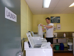 Tim doing laundry at the Coral Tree Inn