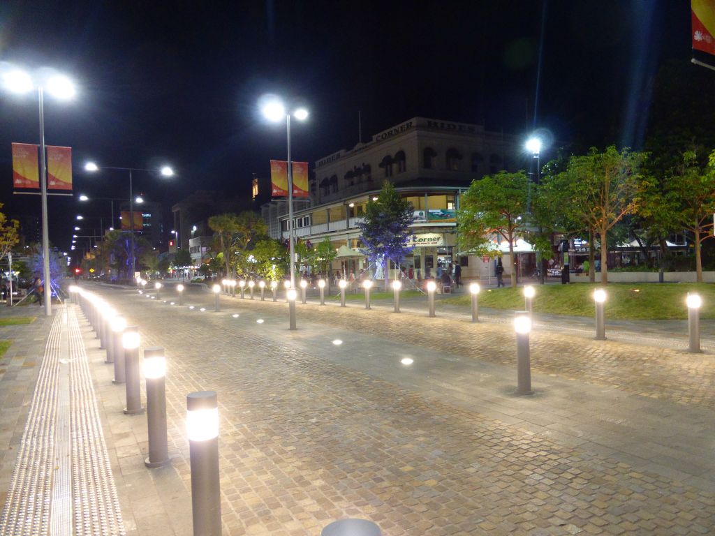 Crossing of Lake Street and Shields Street, by night