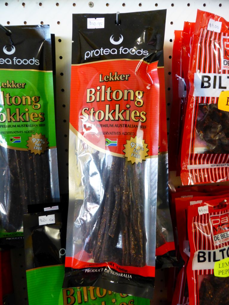 Biltong stokkies in a shop at Sheridan Street