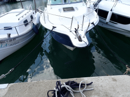 Boats and fishes at the east side of the Port Esportiu Marina de Cala d`Or harbour, viewed from the Avinguda de Cala Llonga street