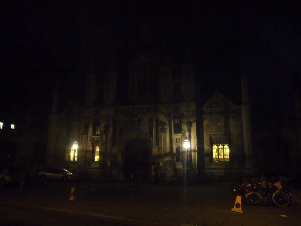 Front entrance of King`s College, at King`s Parade, by night