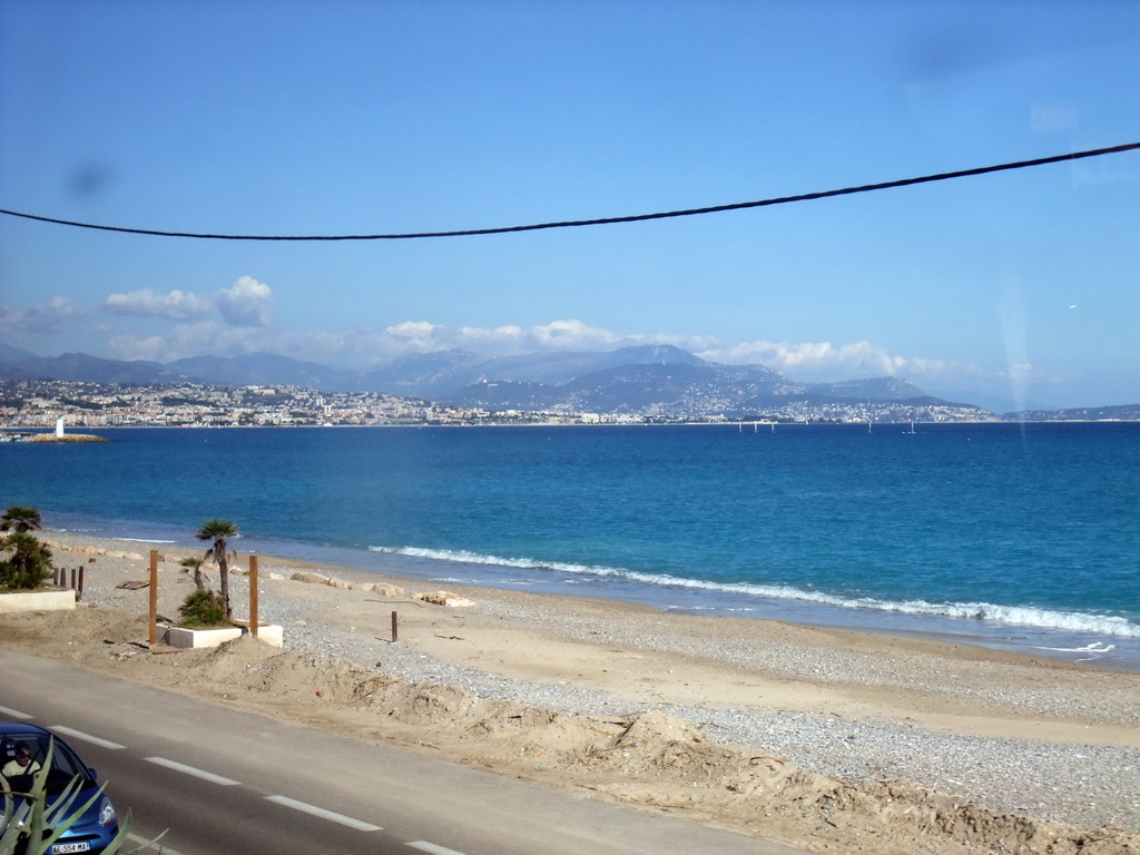 Seaside and the Mediterranean Sea, viewed from train from Nice