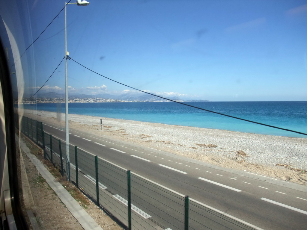 Seaside and the Mediterranean Sea, viewed from train from Nice