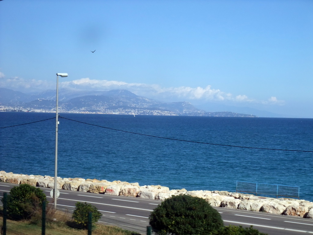 Seaside and the Mediterranean Sea, viewed from train from Nice