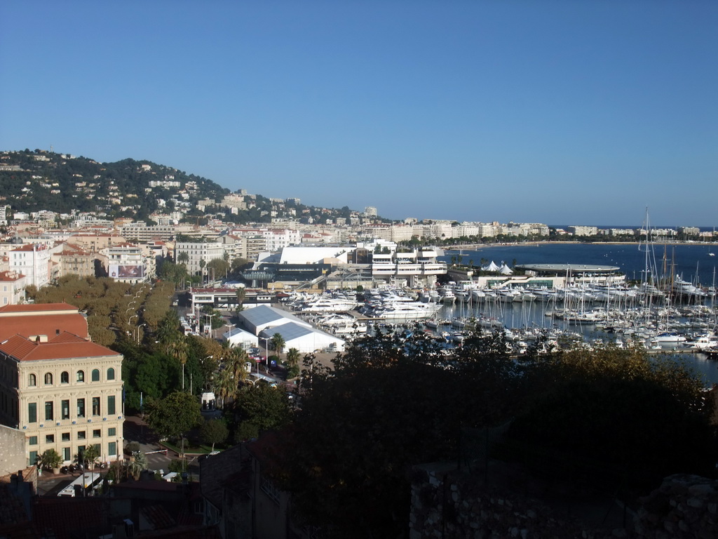 The Cannes harbour, the Palais des Festivals et des Congrès and the Boulevard de la Croisette, viewed from the Place de la Castre viewing point