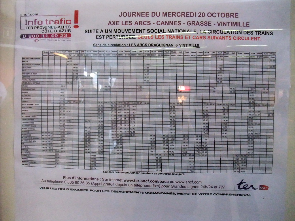 Time table at the Gare de Cannes-Ville train station