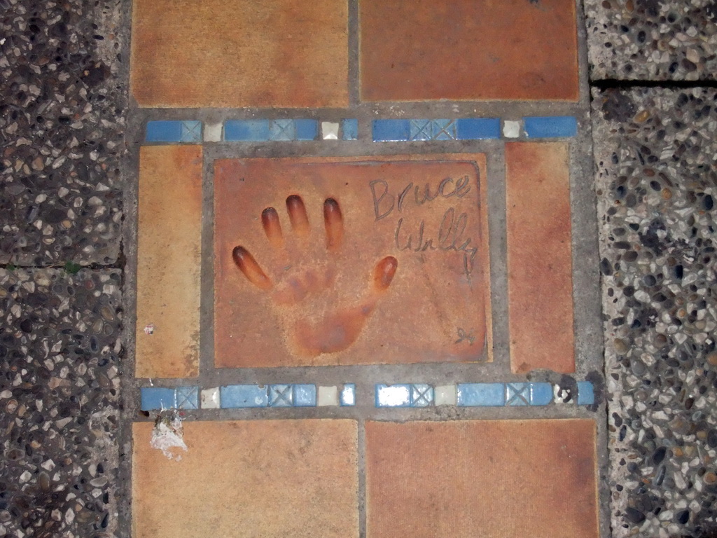 Hand print of Bruce Willis at the Cannes Walk of Fame, by night