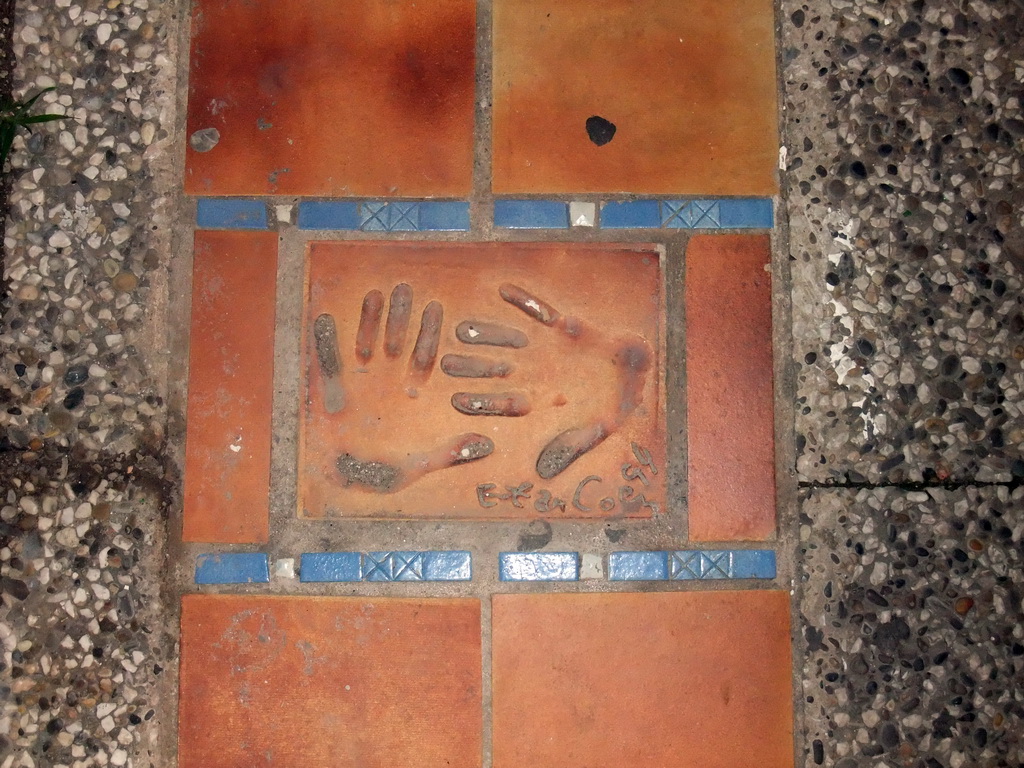 Hand print of Ethan Coen at the Cannes Walk of Fame, by night