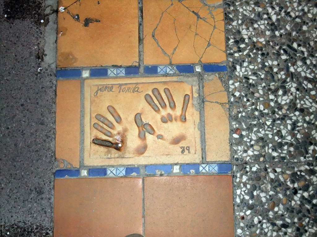 Hand print of Jane Fonda at the Cannes Walk of Fame, by night