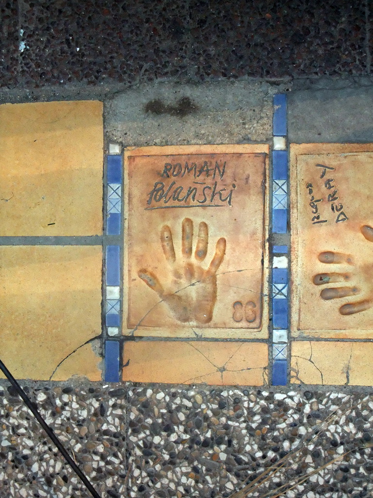 Hand print of Roman Polanski at the Cannes Walk of Fame, by night