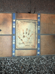 Hand print of Timothy Dalton at the Cannes Walk of Fame, by night