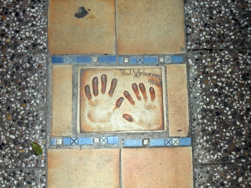 Hand print of Paul Verhoeven at the Cannes Walk of Fame, by night
