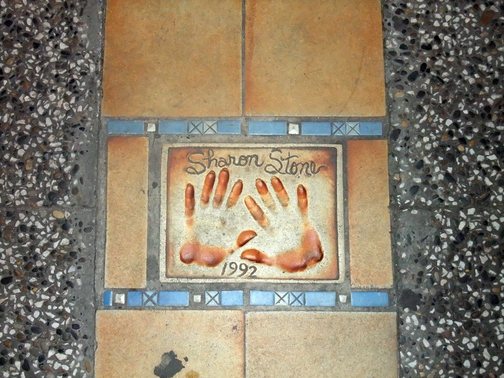 Hand print of Sharon Stone at the Cannes Walk of Fame, by night