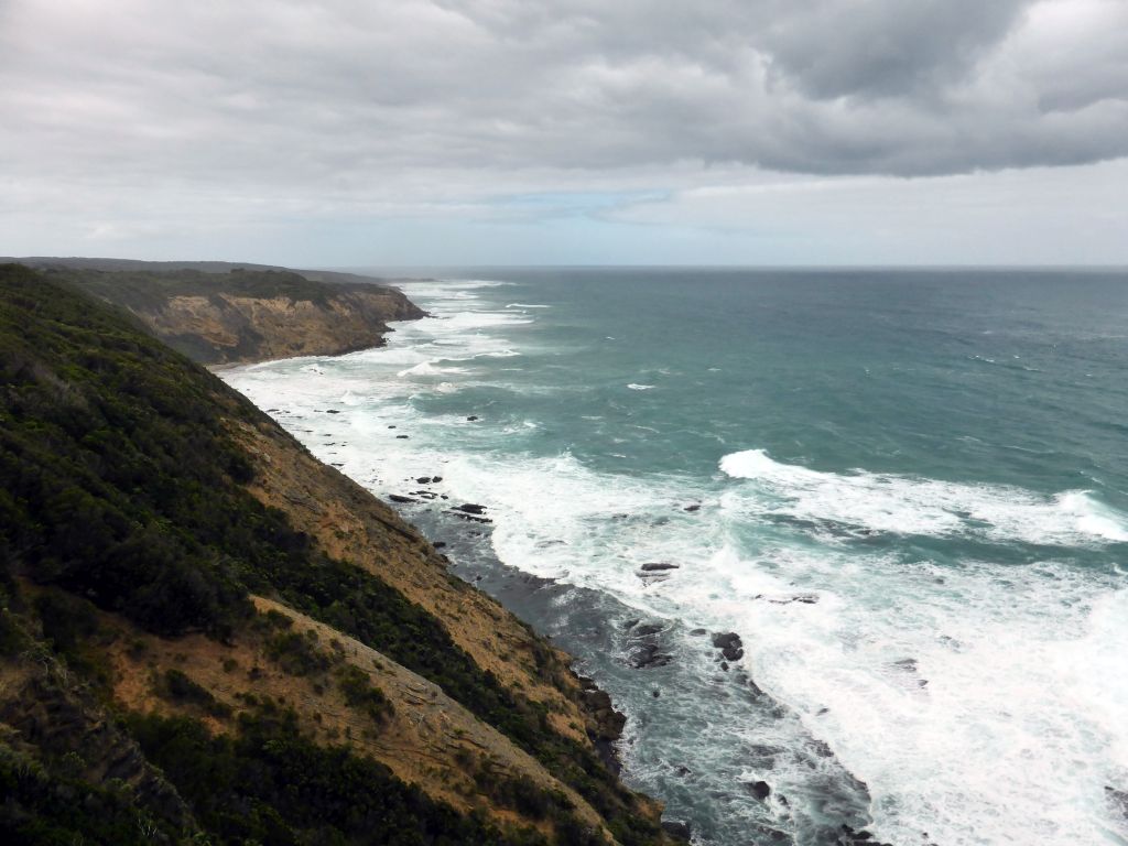 Cliffs at the coastline at the east side, viewed from the top of the Cape Otway Lighthouse