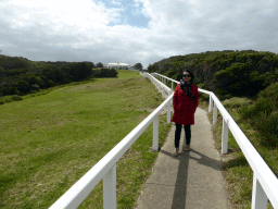 Miaomiao and the buildings at the Cape Otway Lighthouse site