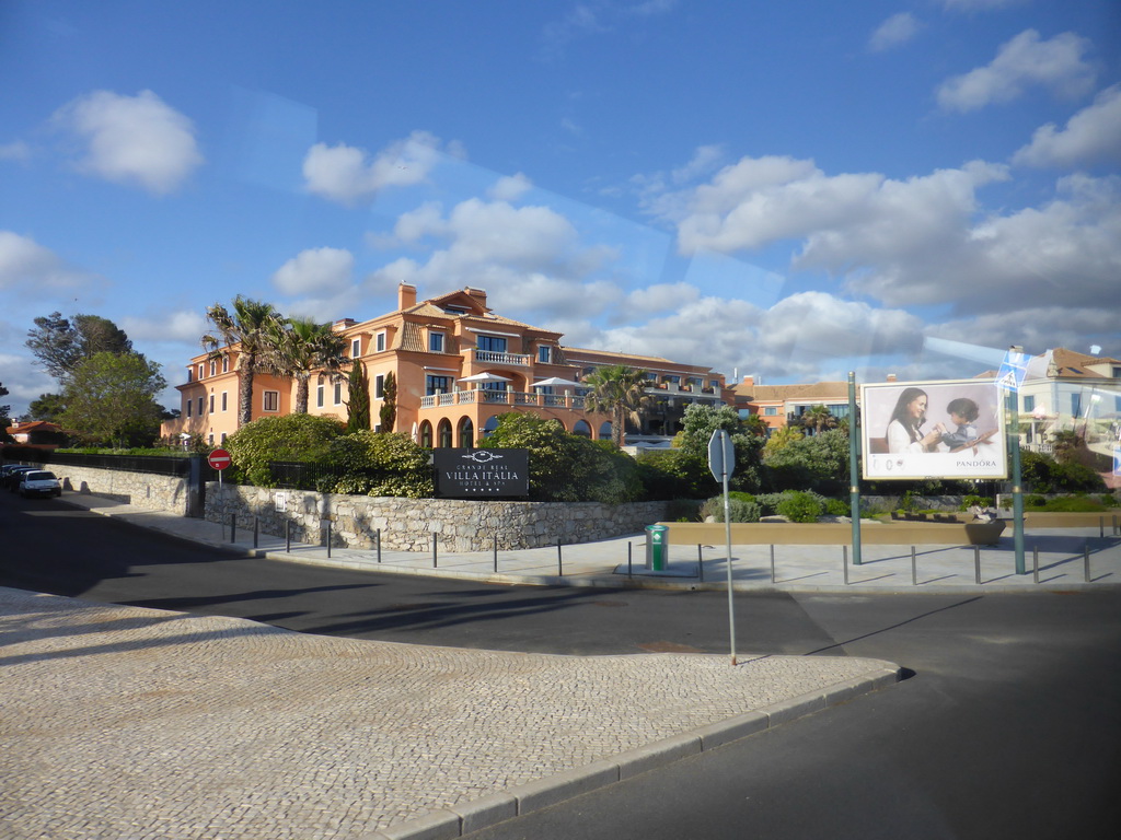 Front of the Grande Real Villa Italia Hotel and Spa at the Avenida Rei Humberto II de Itália avenue, viewed from the bus from Sintra