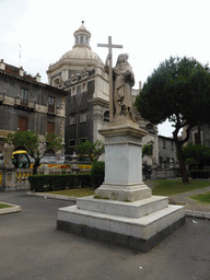 Statue in the garden of the Cattedrale di Sant`Agata cathedral, the Palazzo S. Alfano palace and the Chiesa della Badia di Sant`Agata church