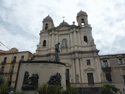 The Monument to Cardinal Dusmet and the front of the Chiesa di San Francesco e l`Immacolata church at the Piazza San Francesco d`Assisi square