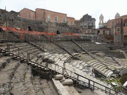 The cavea of the Greek-Roman Theatre, and the towers of the Chiesa di San Francesco e l`Immacolata church