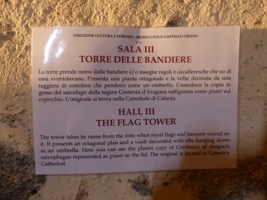 Information on the Flag Tower at the Castello Ursino castle