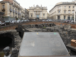 Front of the Chiesa di San Biagio church and the Roman Amphitheatre at the Piazza Stesicoro square, with explanation