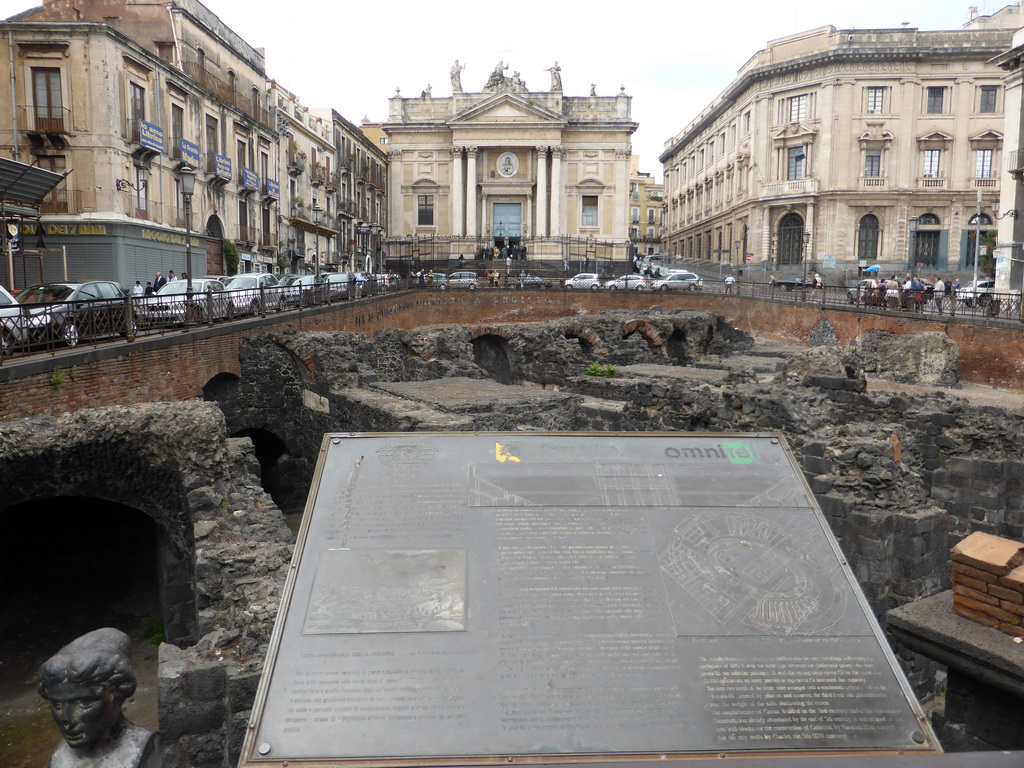 Front of the Chiesa di San Biagio church and the Roman Amphitheatre at the Piazza Stesicoro square, with explanation