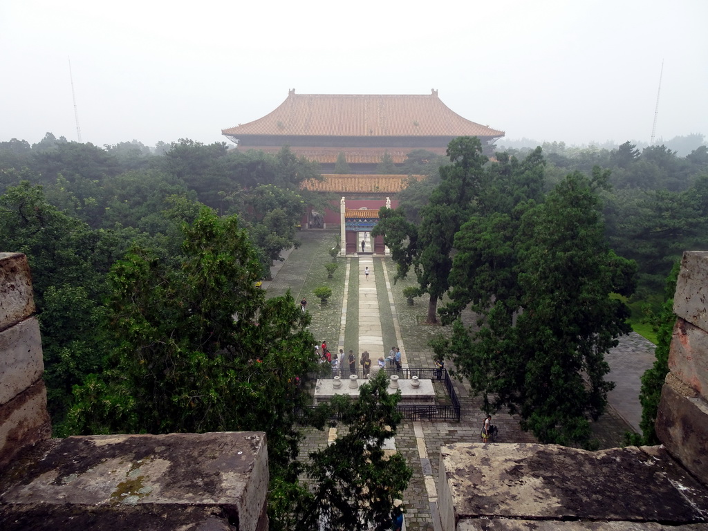 The Five Offerings altar and the back sides of the Ling Xing Gate and the Hall of Eminent Favour at the Changling Tomb of the Ming Dynasty Tombs, viewed from the Soul Tower