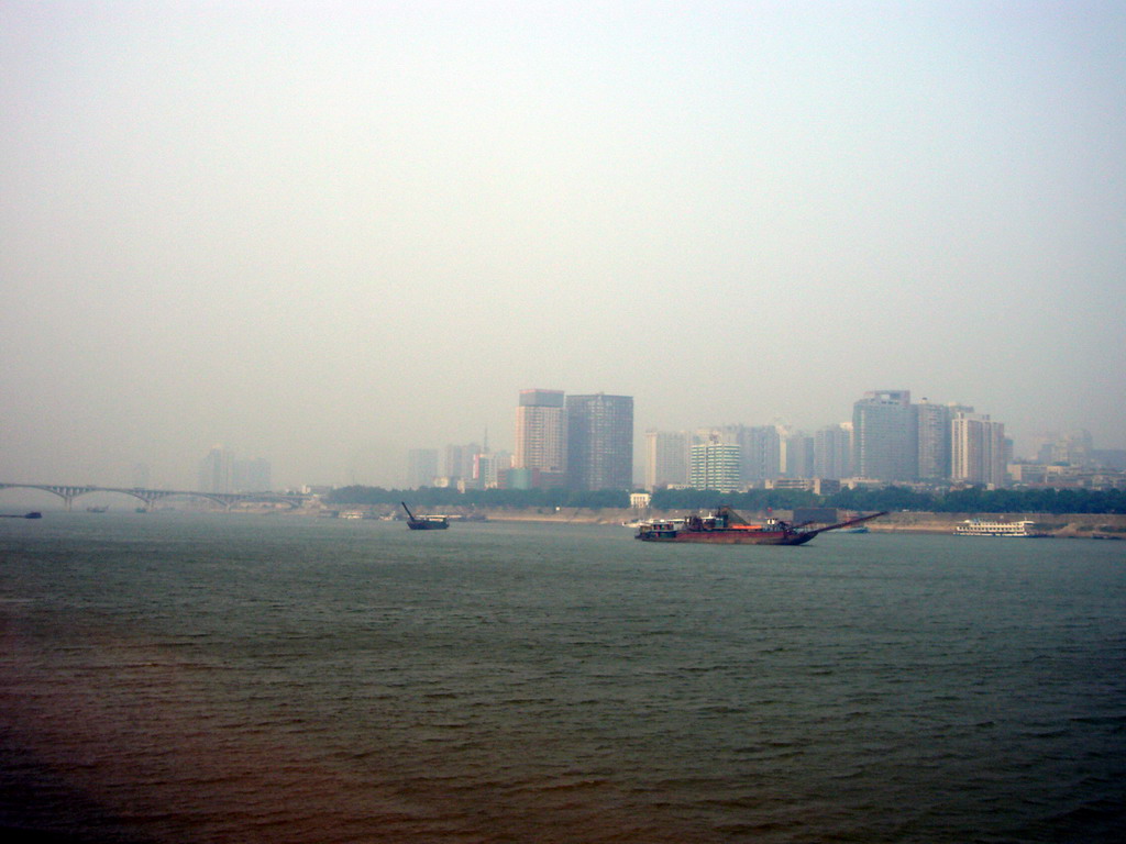 Xiangjiang river, boats and skyline of Chengsha, from Juzi Island