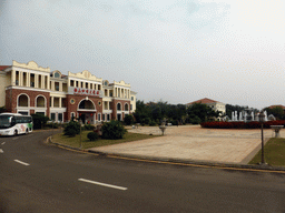 Central square with fountain and the main building of the Fushan Town Center of Coffee Culture and Customs