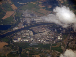 The Amsterdam-Rijnkanaal canal and the industrial areas of Medel and Kellen at the city of Tiel, viewed from the airplane from Rotterdam