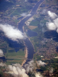 The Waal river and the town of Beneden-Leeuwen, viewed from the airplane from Rotterdam