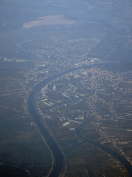 The Neretva river and the town of Metkovic, viewed from the airplane from Rotterdam