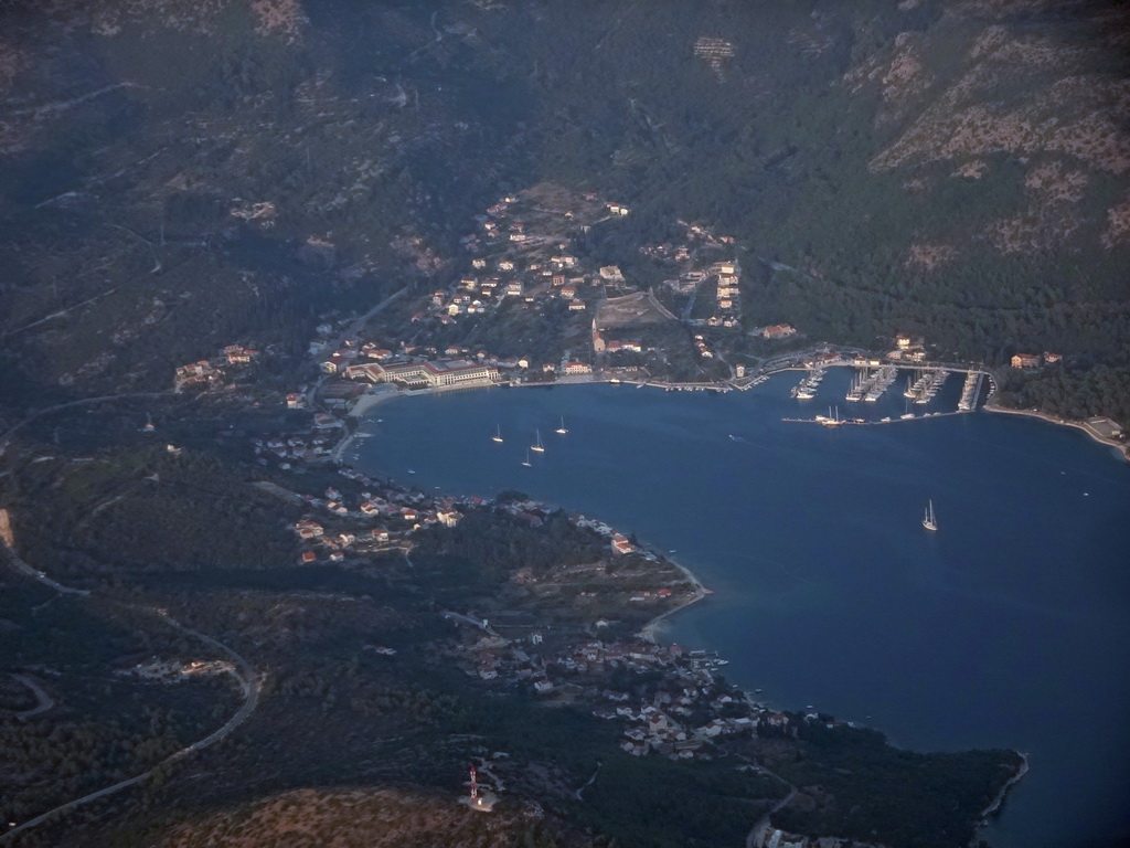 The Luka Slano inlet and the town of Slano, viewed from the airplane from Rotterdam