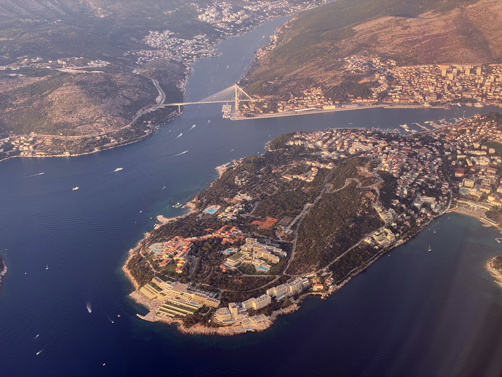 The Lapad peninsula with the Grand Hotel Park, the Franjo Tudman Bridge over the Rijeka Dubrovacka inlet and the Gru Port, viewed from the airplane from Rotterdam