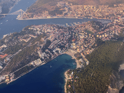 The Lapad peninsula with the Grand Hotel Park, the Franjo Tudman Bridge over the Rijeka Dubrovacka inlet and the Gru Port, viewed from the airplane from Rotterdam