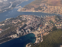 The Lapad peninsula with the Grand Hotel Park, the Franjo Tudman Bridge over the Rijeka Dubrovacka inlet and the Gru Port, viewed from the airplane from Rotterdam