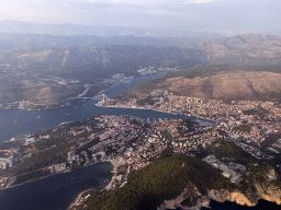 The Lapad peninsula with the Grand Hotel Park, the Franjo Tudman Bridge over the Rijeka Dubrovacka inlet and the Gru Port, viewed from the airplane from Rotterdam