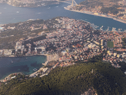 The Lapad peninsula with the Grand Hotel Park, the Franjo Tudman Bridge over the Rijeka Dubrovacka inlet and the Gru Port, viewed from the airplane from Rotterdam