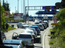 Cars waiting in line for the Croatia-Montenegro border crossing near the town of Plocice, viewed from the tour bus to Perast on the D8 road