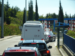 Cars waiting in line for the Croatia-Montenegro border crossing near the town of Plocice, viewed from the tour bus to Perast on the D8 road
